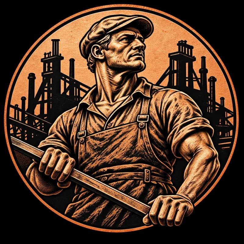 The Magarac Society mark — an engraved steelworker, after the Joe Magarac legend