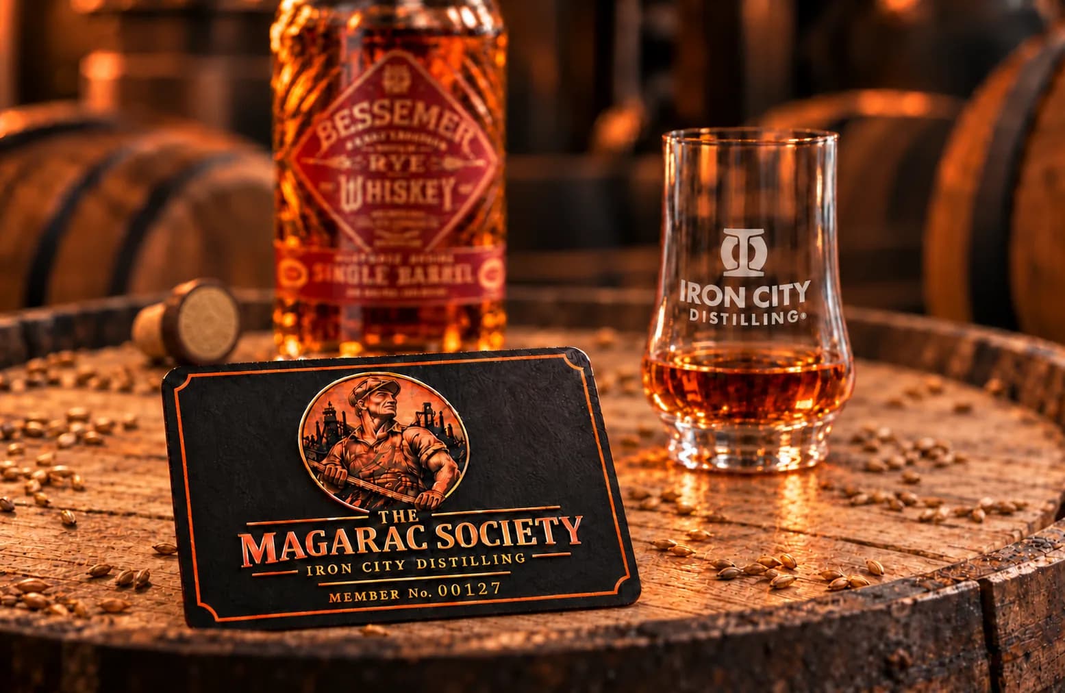 A numbered Magarac Society membership card beside a glass of whiskey