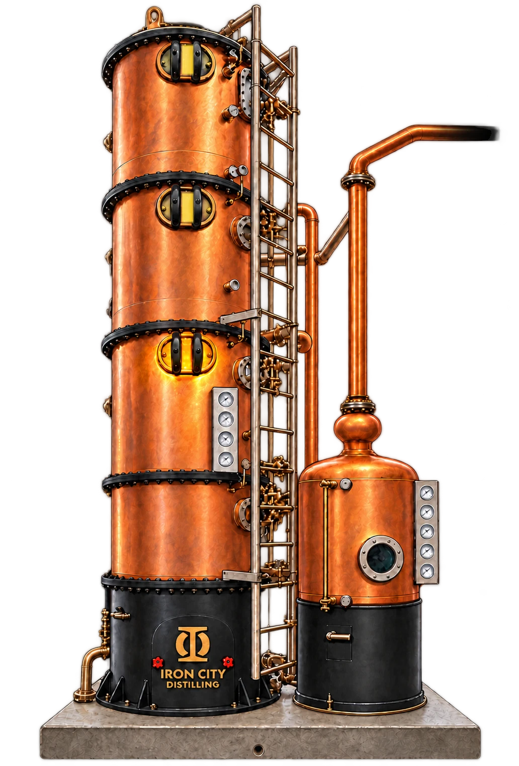 The Society's three-chamber copper still with Chamber III lit